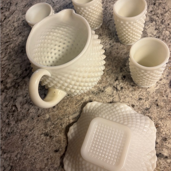 Fenton White Hobnail Milk Glass Pitcher and Tumblers Set and candy dish - Picture 3 of 3